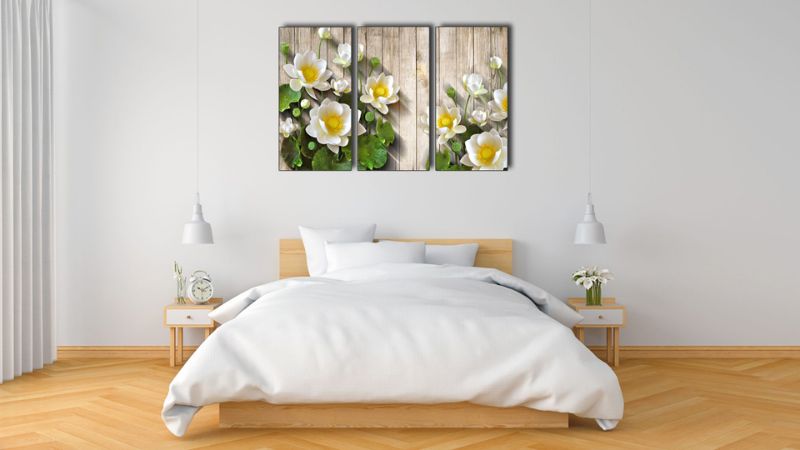 Bộ tranh hoa sen trắng treo phòng ngủ đẹp sang trọng