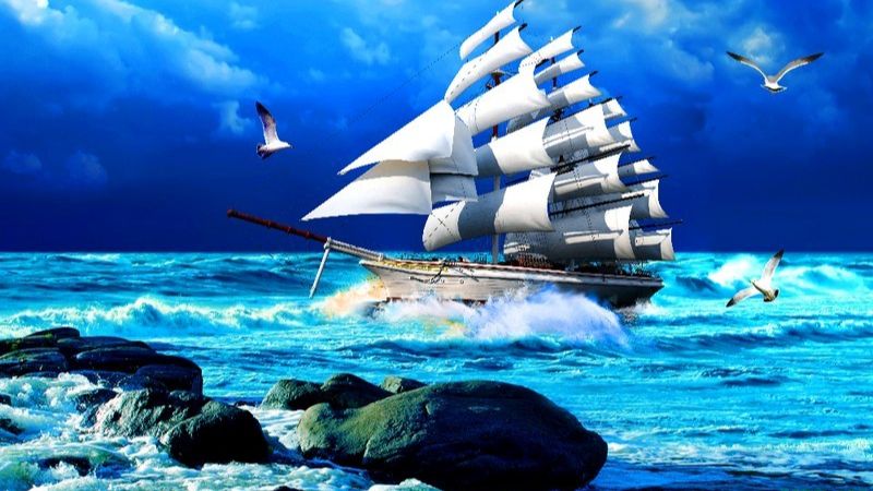 Mẫu tranh thuận buồm xuôi gió ngoài biển khơi